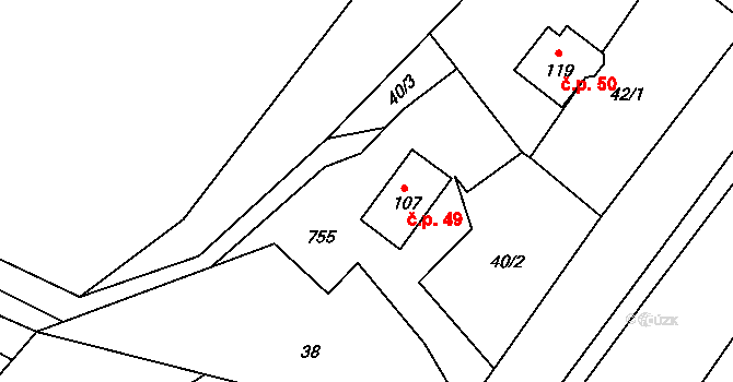 Hejnov 49, Holčovice na parcele st. 107 v KÚ Hejnov, Katastrální mapa