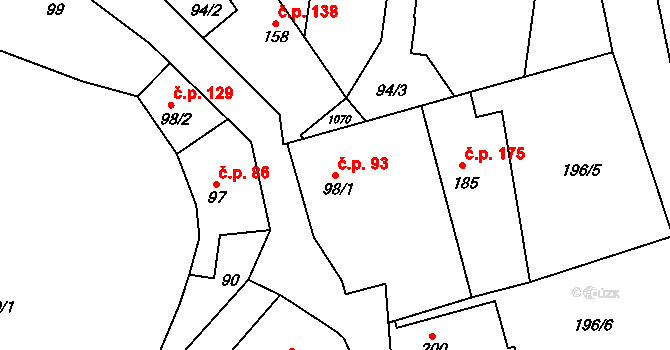 Praskolesy 93 na parcele st. 98/1 v KÚ Praskolesy, Katastrální mapa