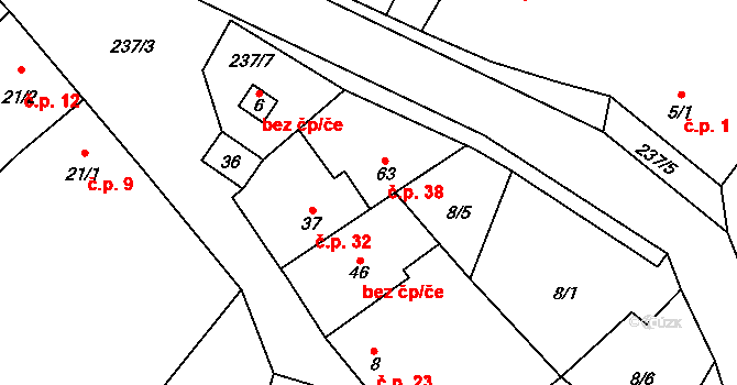 Mlékovice 38, Toušice na parcele st. 63 v KÚ Mlékovice, Katastrální mapa