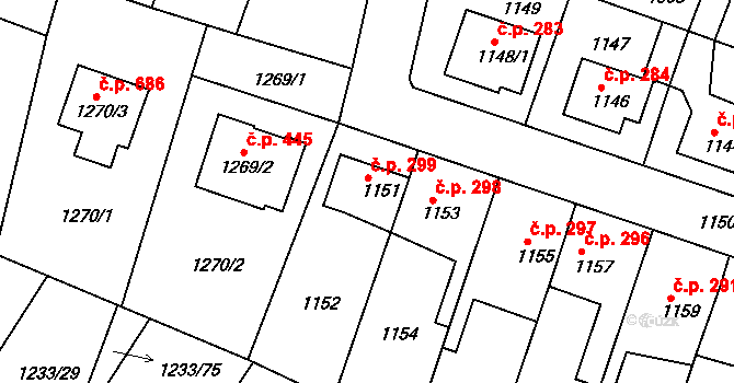 Kolovraty 299, Praha na parcele st. 1151 v KÚ Kolovraty, Katastrální mapa