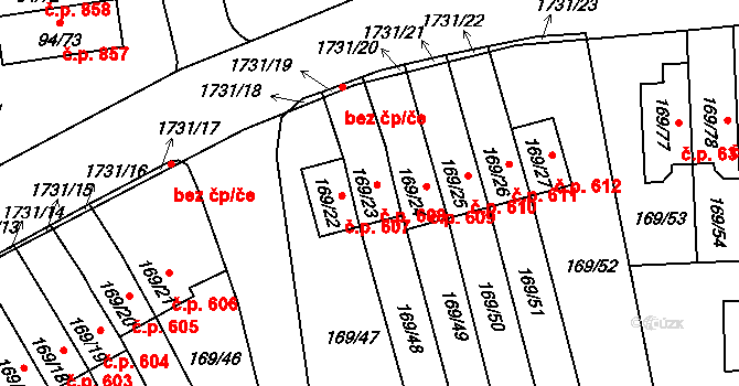 Slivenec 608, Praha na parcele st. 169/23 v KÚ Slivenec, Katastrální mapa