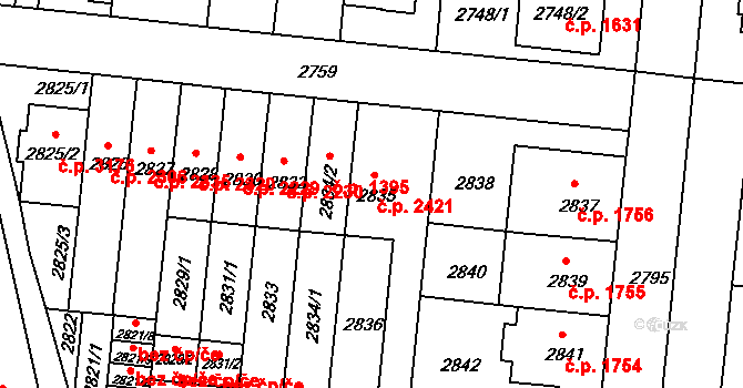 Záběhlice 2421, Praha na parcele st. 2835 v KÚ Záběhlice, Katastrální mapa