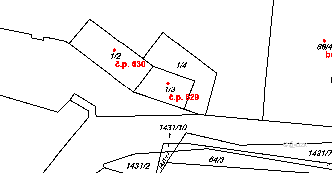 Řepy 629, Praha na parcele st. 1/3 v KÚ Řepy, Katastrální mapa