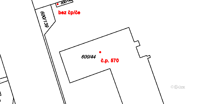 Bohnice 570, Praha na parcele st. 600/44 v KÚ Bohnice, Katastrální mapa