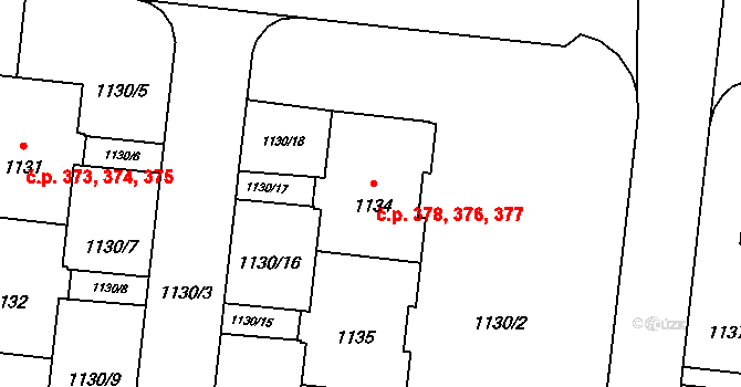 Čimice 376,377,378, Praha na parcele st. 1134 v KÚ Čimice, Katastrální mapa