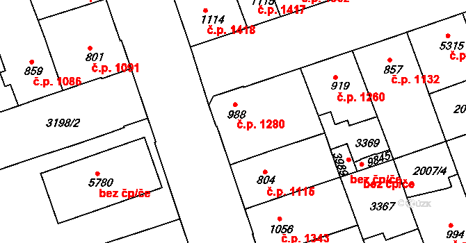 Hodonín 1280 na parcele st. 988 v KÚ Hodonín, Katastrální mapa