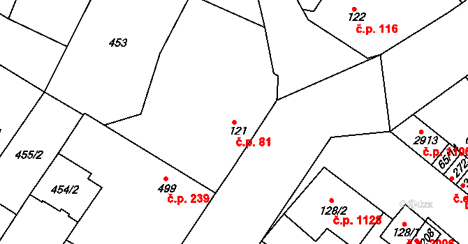 Sezimovo Ústí 81 na parcele st. 121 v KÚ Sezimovo Ústí, Katastrální mapa