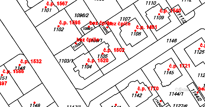 Chomutov 1502 na parcele st. 1105 v KÚ Chomutov I, Katastrální mapa