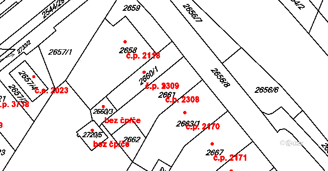 Chomutov 2308 na parcele st. 2661 v KÚ Chomutov II, Katastrální mapa