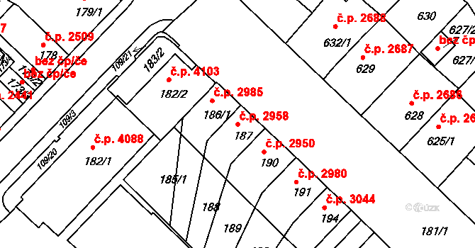 Chomutov 2958 na parcele st. 187 v KÚ Chomutov II, Katastrální mapa