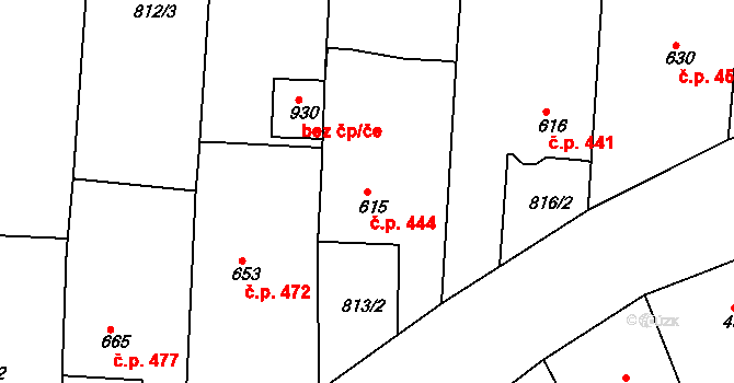 Plotiště nad Labem 444, Hradec Králové na parcele st. 615 v KÚ Plotiště nad Labem, Katastrální mapa