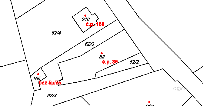 Rusek 86, Hradec Králové na parcele st. 82 v KÚ Rusek, Katastrální mapa