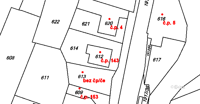 Horní Jasenka 143, Vsetín na parcele st. 612 v KÚ Jasenka, Katastrální mapa