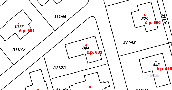 Horoměřice 633 na parcele st. 844 v KÚ Horoměřice, Katastrální mapa