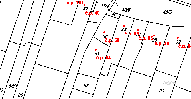 Vysoké Popovice 54 na parcele st. 51 v KÚ Vysoké Popovice, Katastrální mapa