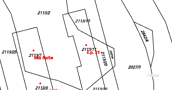 Toužín 21, Dačice na parcele st. 2113/11 v KÚ Dačice, Katastrální mapa