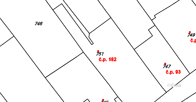 Sentice 182 na parcele st. 751 v KÚ Sentice, Katastrální mapa