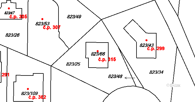 Lípa 315 na parcele st. 823/66 v KÚ Lípa nad Dřevnicí, Katastrální mapa