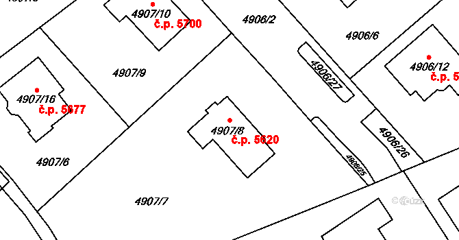 Chomutov 5620 na parcele st. 4907/8 v KÚ Chomutov I, Katastrální mapa