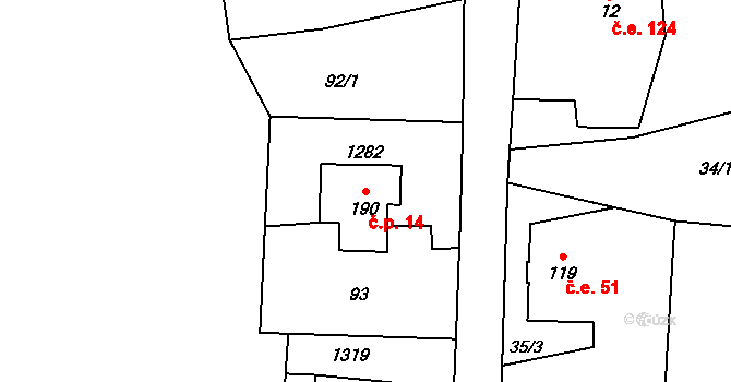 Chodovská Huť 14, Tři Sekery na parcele st. 190 v KÚ Chodovská Huť, Katastrální mapa