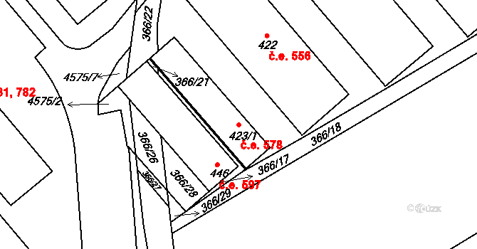 Hrádek na Vlárské dráze 578, Slavičín na parcele st. 423/1 v KÚ Hrádek na Vlárské dráze, Katastrální mapa