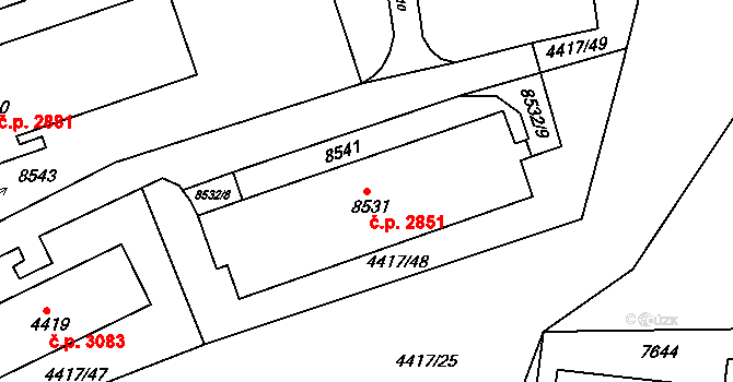 Líšeň 2851, Brno na parcele st. 8531 v KÚ Líšeň, Katastrální mapa