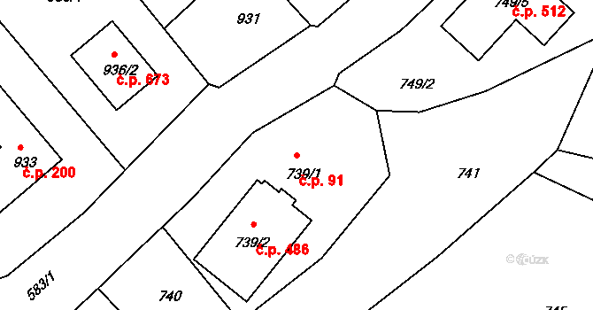 Štípa 91, Zlín na parcele st. 739/1 v KÚ Štípa, Katastrální mapa