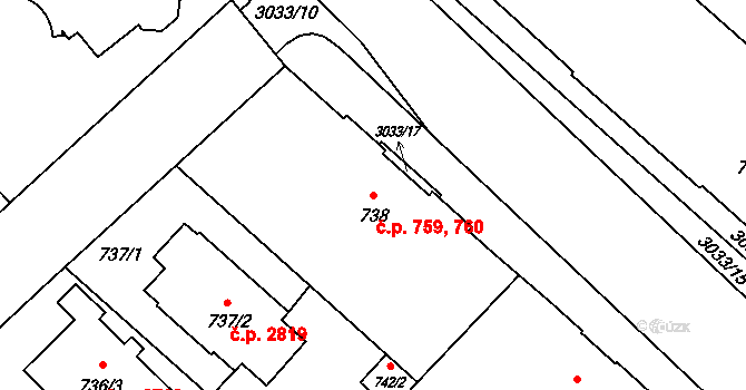 Předměstí 759,760, Opava na parcele st. 738 v KÚ Opava-Předměstí, Katastrální mapa