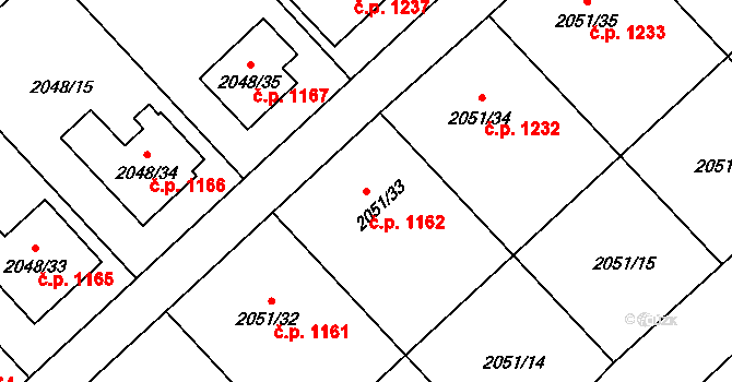 Hlučín 1162 na parcele st. 2051/33 v KÚ Hlučín, Katastrální mapa