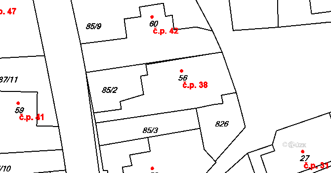 Kovářov 38, Bojanov na parcele st. 56 v KÚ Kovářov u Seče, Katastrální mapa