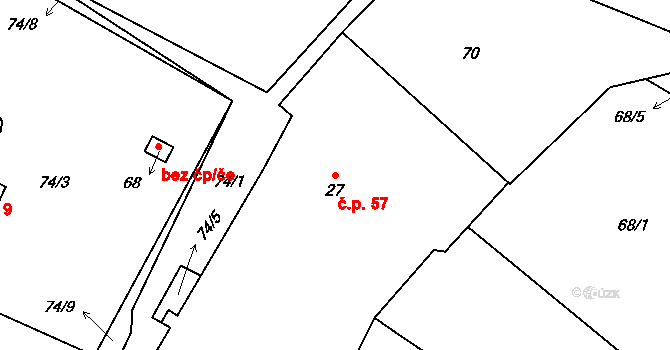 Křešov 57, Snědovice na parcele st. 27 v KÚ Křešov, Katastrální mapa