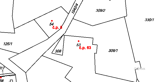 Hostice 63, Ruda nad Moravou na parcele st. 53 v KÚ Hostice, Katastrální mapa