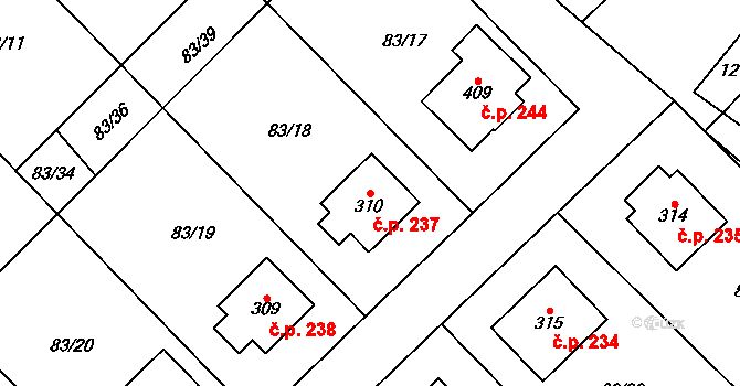 Horní Počaply 237 na parcele st. 310 v KÚ Horní Počaply, Katastrální mapa