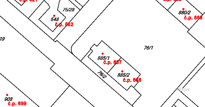Neratovice 687 na parcele st. 885/1 v KÚ Neratovice, Katastrální mapa