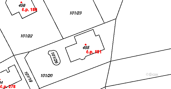 Řitka 181 na parcele st. 455 v KÚ Řitka, Katastrální mapa