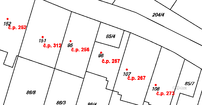 Tuchoměřice 257 na parcele st. 96 v KÚ Kněžívka, Katastrální mapa