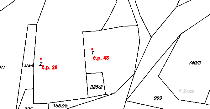 Lžín 48, Dírná na parcele st. 1 v KÚ Lžín, Katastrální mapa