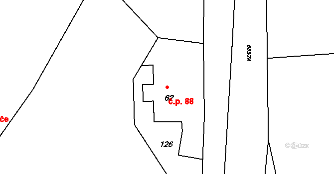 Velký Třebešov 88 na parcele st. 62 v KÚ Velký Třebešov, Katastrální mapa