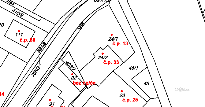 Velké Koloděje 33, Sezemice na parcele st. 24/2 v KÚ Velké Koloděje, Katastrální mapa