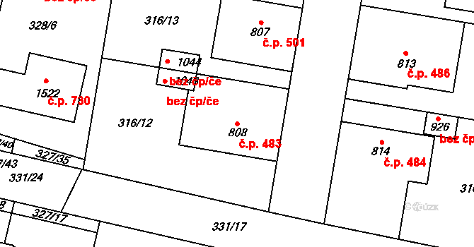 Rosice 483, Pardubice na parcele st. 808 v KÚ Rosice nad Labem, Katastrální mapa