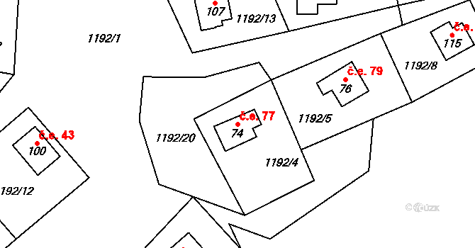 Vrážné 77, Pláně na parcele st. 74 v KÚ Vrážné nad Střelou, Katastrální mapa