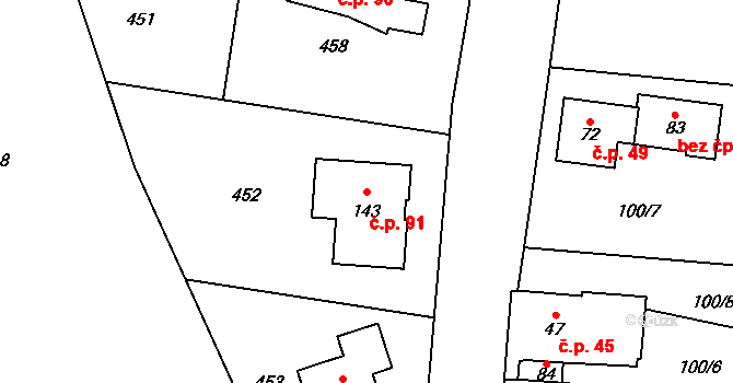 Třebín 91, Dubné na parcele st. 143 v KÚ Třebín, Katastrální mapa