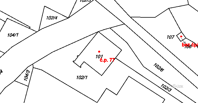 Malé Březno 77 na parcele st. 101 v KÚ Malé Březno, Katastrální mapa