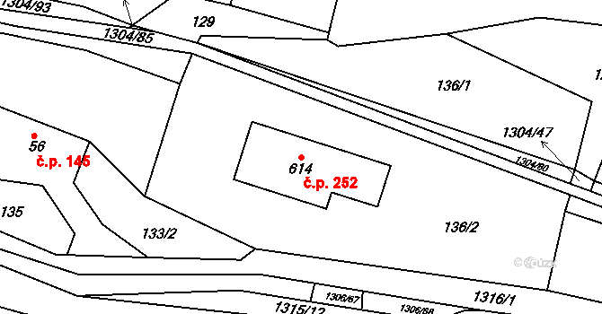 Řetová 252 na parcele st. 614 v KÚ Řetová, Katastrální mapa