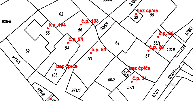 Oselce 51 na parcele st. 53 v KÚ Oselce, Katastrální mapa