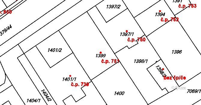 Pohořelice 751 na parcele st. 1399 v KÚ Pohořelice nad Jihlavou, Katastrální mapa
