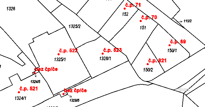 Holešov 523 na parcele st. 1328/1 v KÚ Holešov, Katastrální mapa