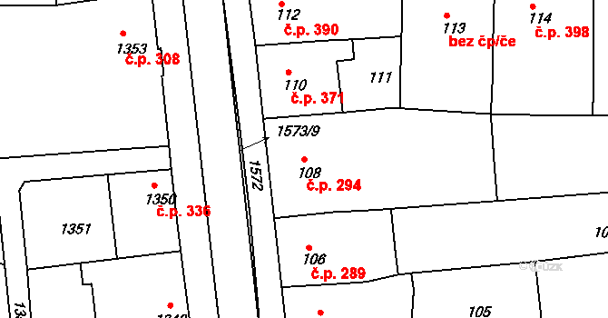 Plumlov 294 na parcele st. 108 v KÚ Plumlov, Katastrální mapa