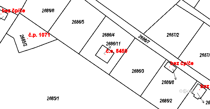 Pelhřimov 5450 na parcele st. 2686/11 v KÚ Pelhřimov, Katastrální mapa