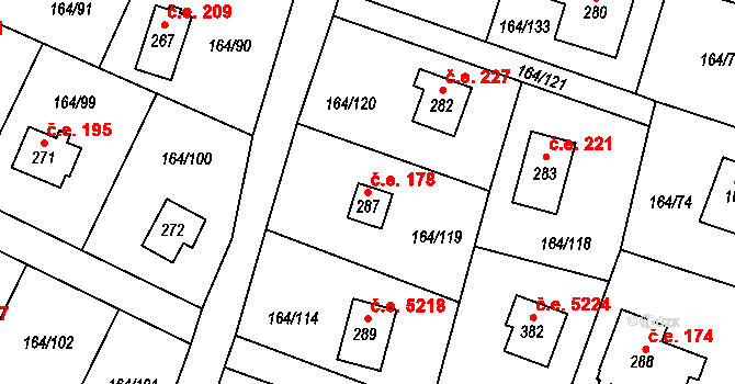 Doubravčice 178 na parcele st. 287 v KÚ Doubravčice, Katastrální mapa